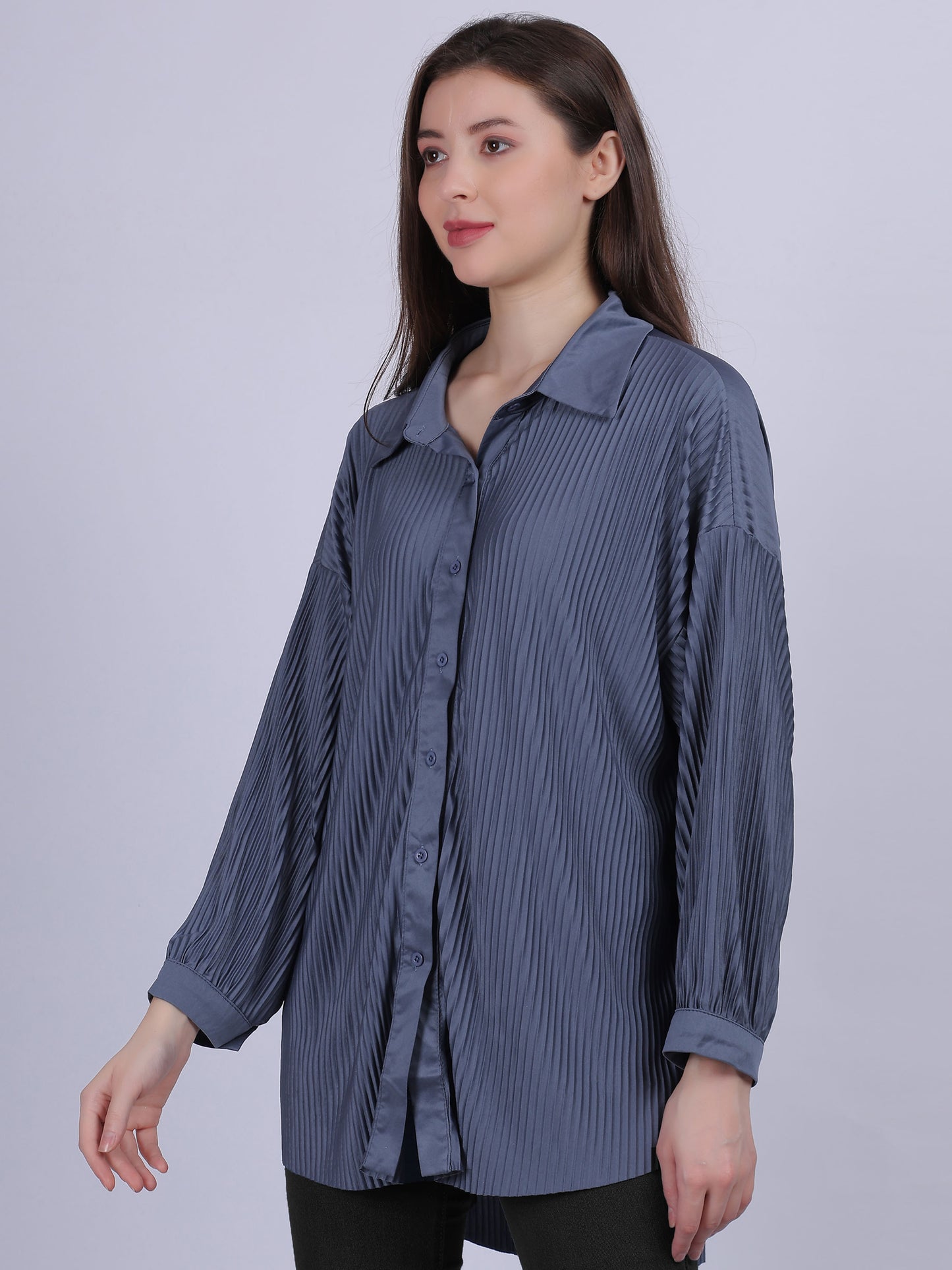 Grey Solid Oversized Pleated Shirt