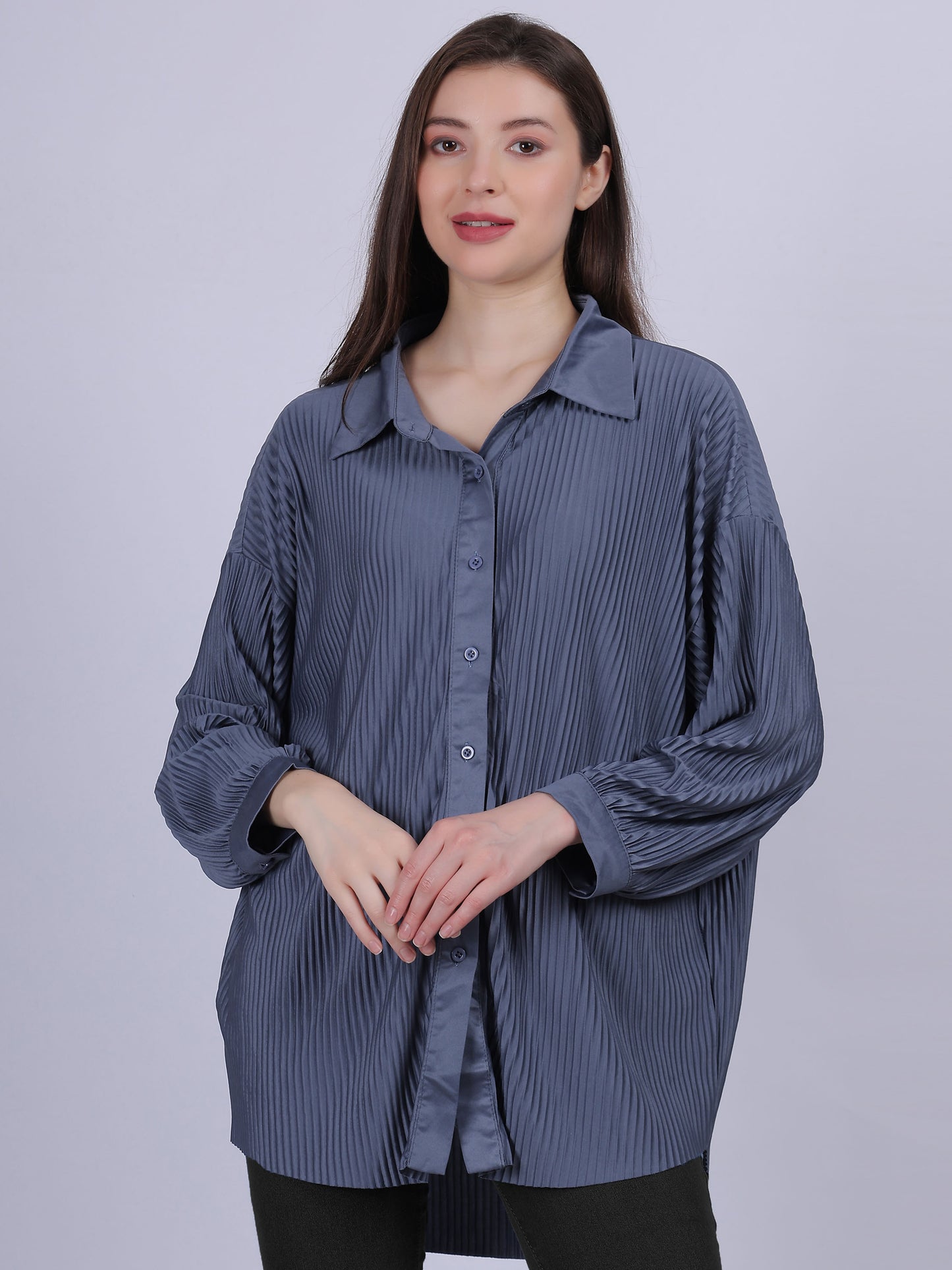 Grey Solid Oversized Pleated Shirt